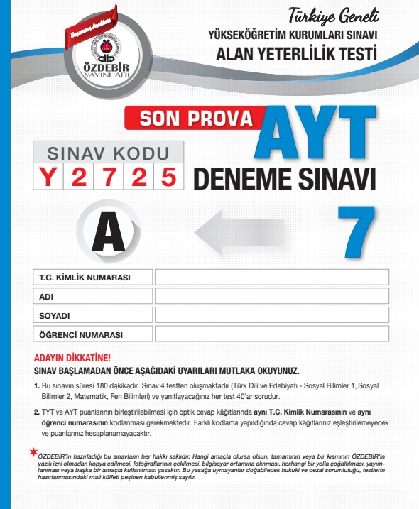 AYT ÖZDEBİR YAYINLARI (T.G.) 7. DENEME 2024-2025