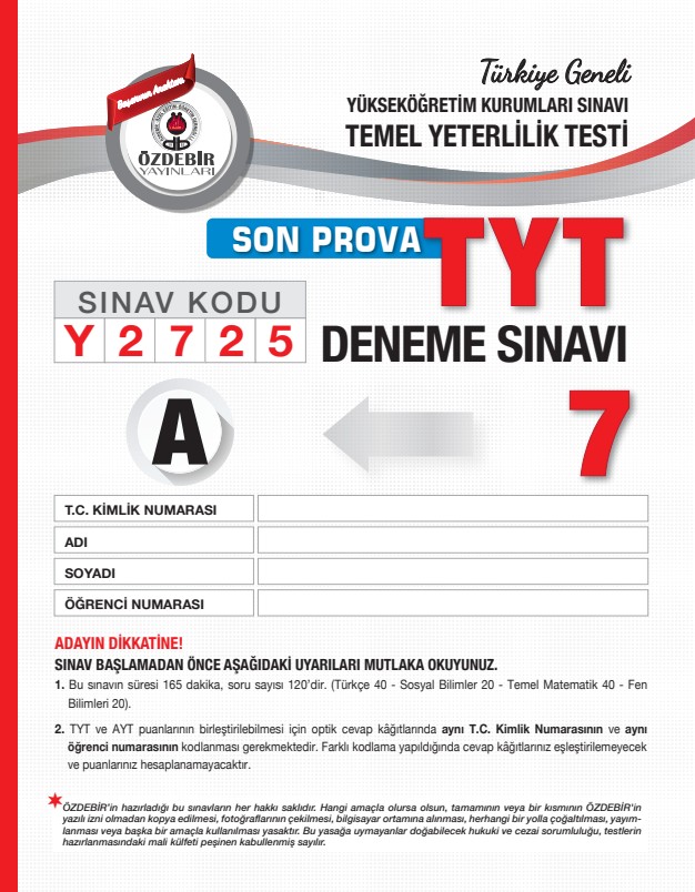 TYT ÖZDEBİR YAYINLARI (T.G.) 7. DENEME 2024-2025