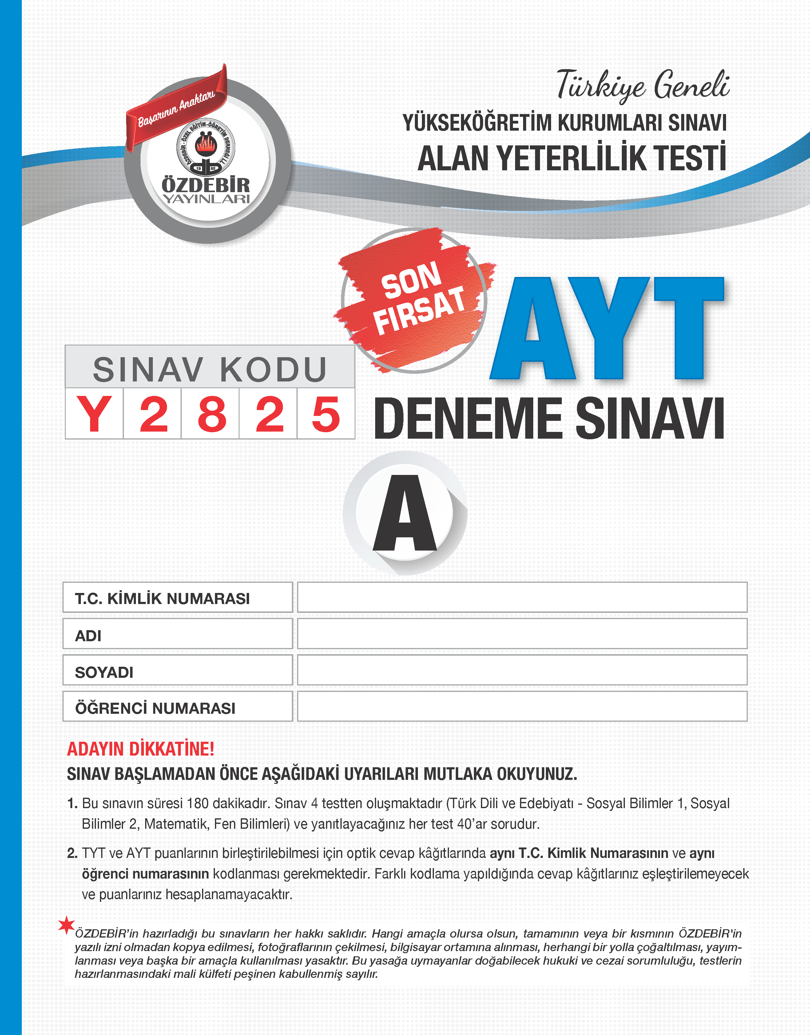 AYT ÖZDEBİR YAYINLARI (T.G.) 8. DENEME 2024-25