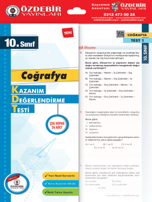 10. Sınıf Coğrafya Kazanım Değerlendirme Testi