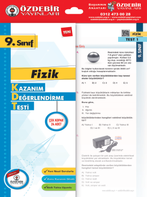 9. Sınıf Fizik Kazanım Değerlendirme Testi