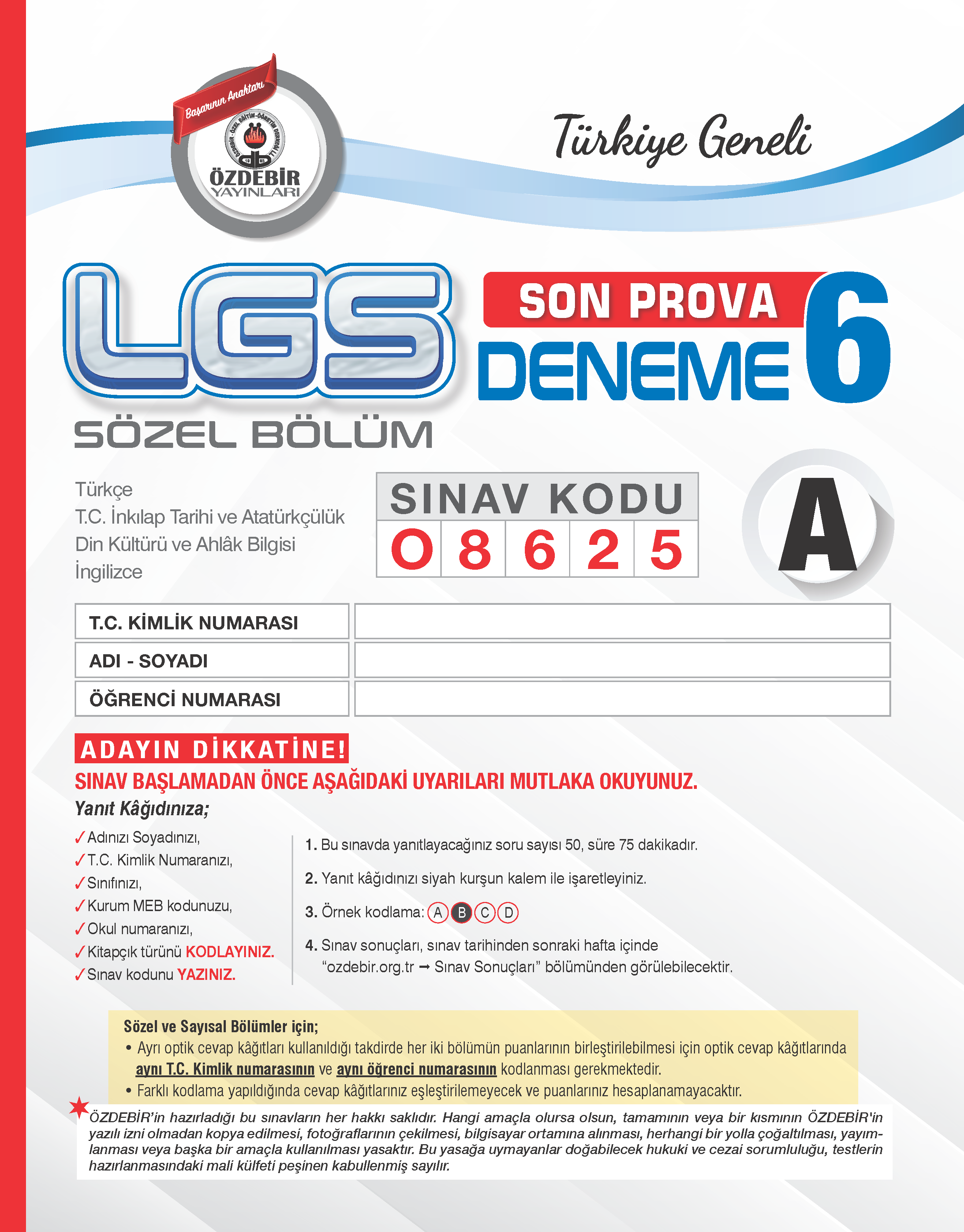 LGS ÖZDEBİR YAYINLARI 6. DENEME (T.G.) 2024-2025