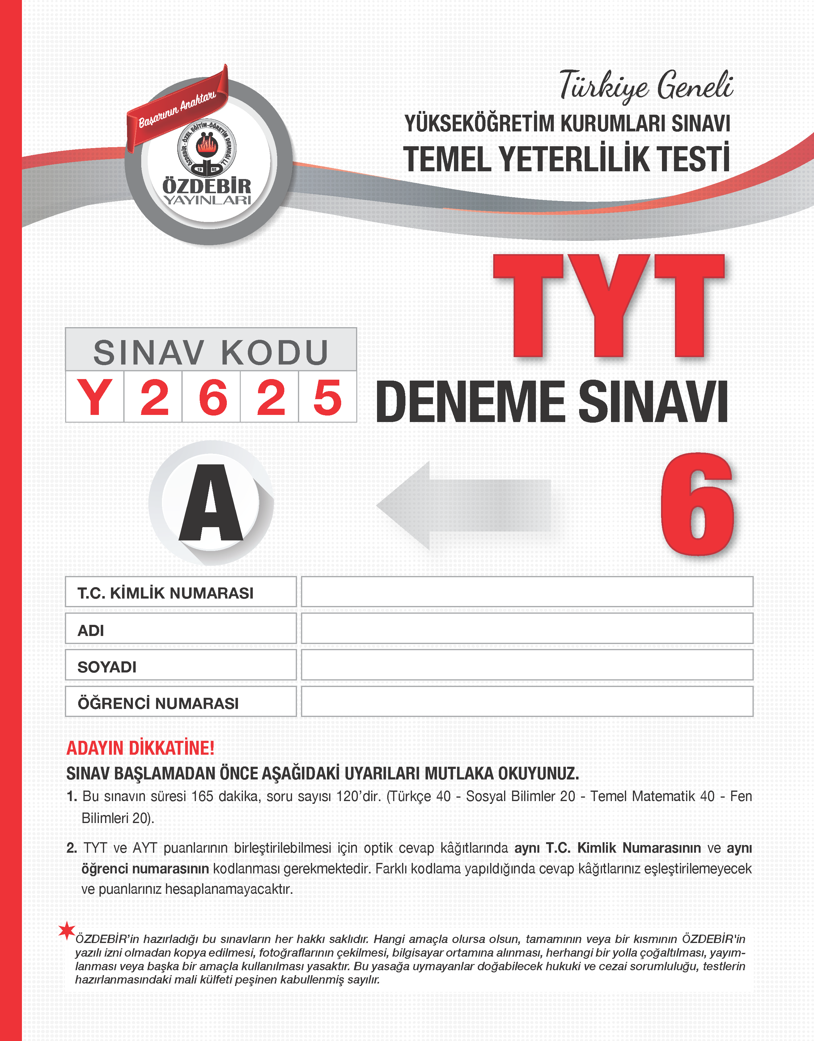 TYT ÖZDEBİR YAYINLARI (T.G.) 6. DENEME 2024-2025